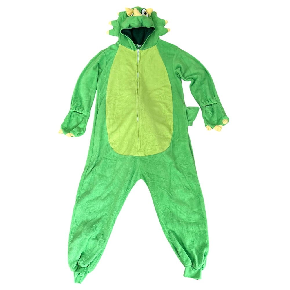 Dinosaur Costume Unisex Small 10-12 Green Triceratops Fleece Jumpsuit